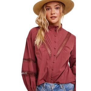NWT Listicle Dusty Rose Lace Mock Neck Button Front Blouse Small